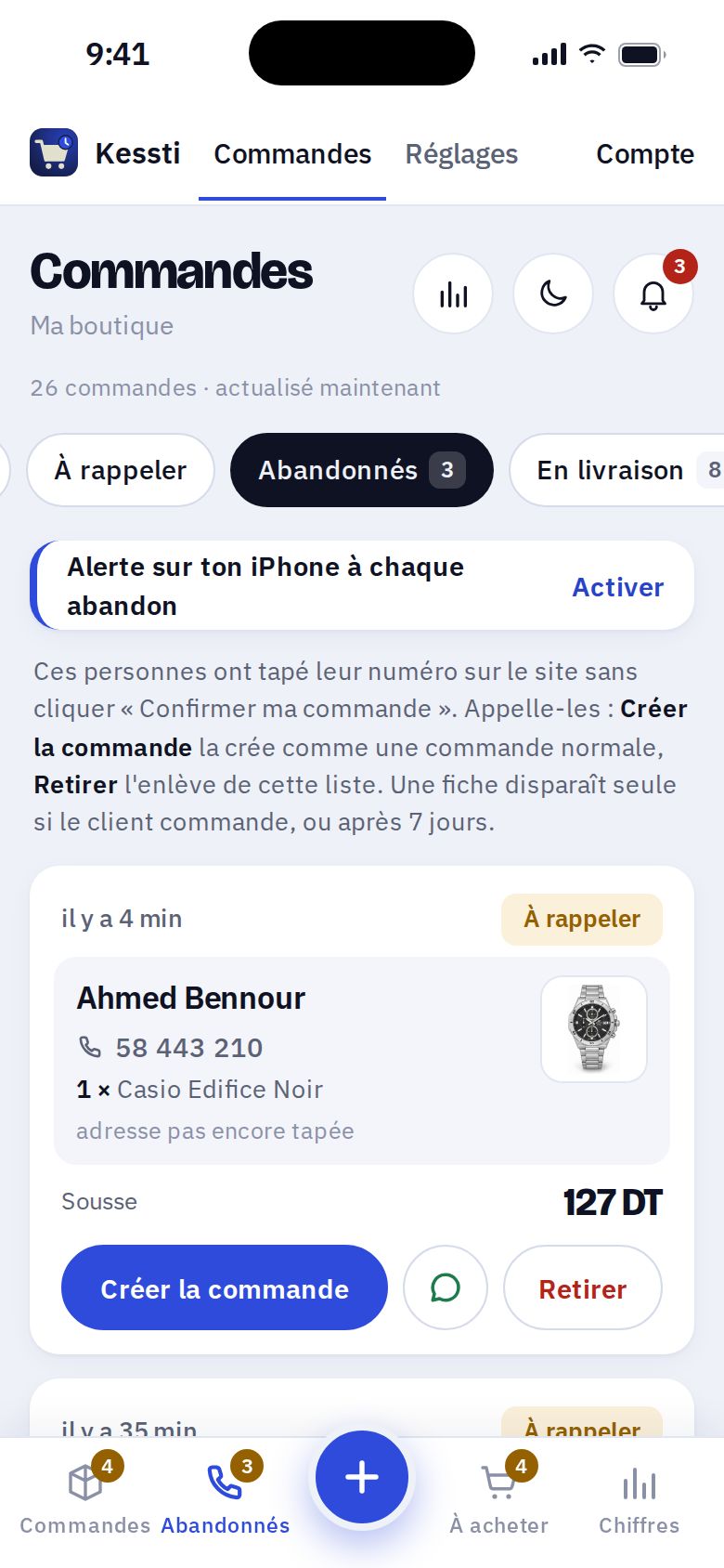 L'onglet Abandonnés : des clients qui ont laissé leur numéro, avec les boutons Créer la commande, WhatsApp et Retirer.
