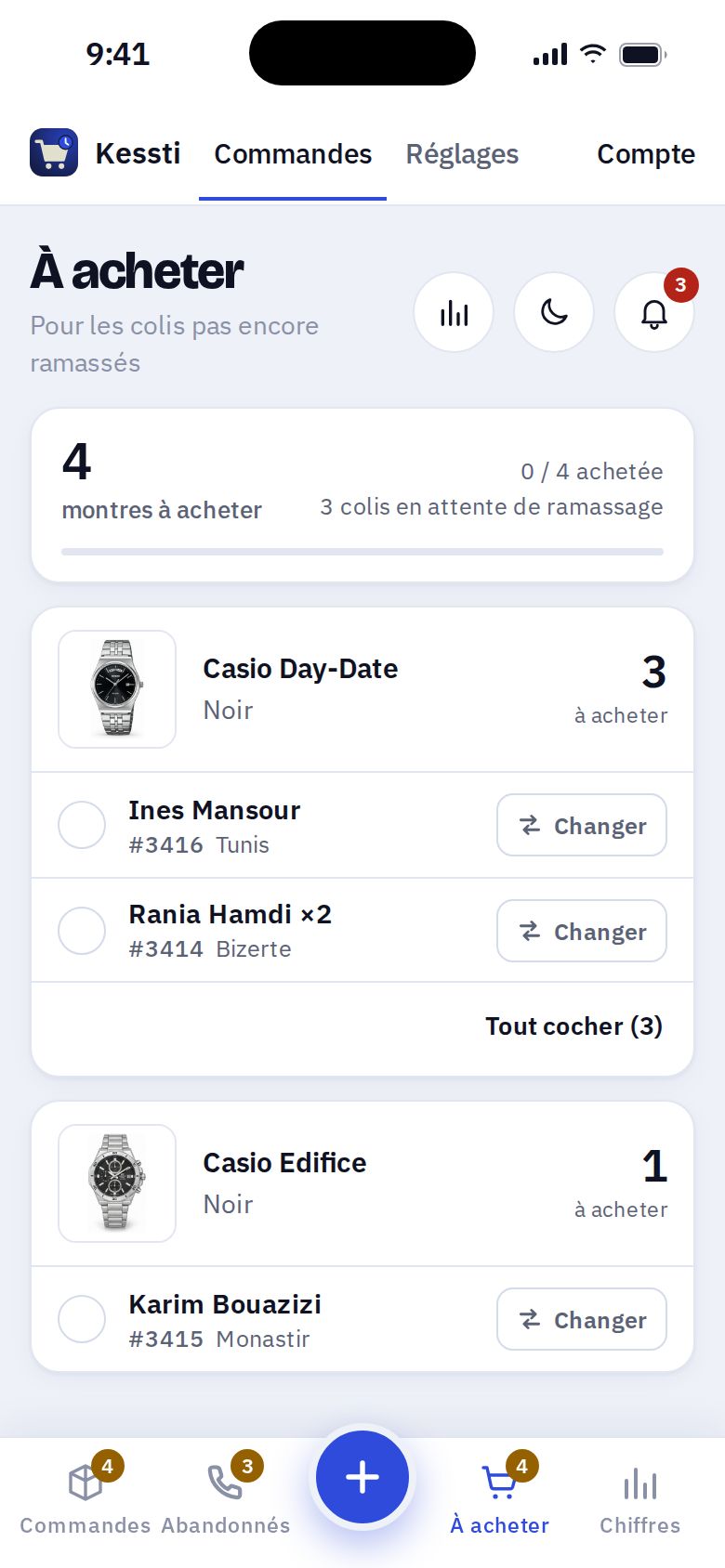 La liste À acheter : chaque produit et couleur, combien en acheter et pour quels clients, avec une case à cocher.