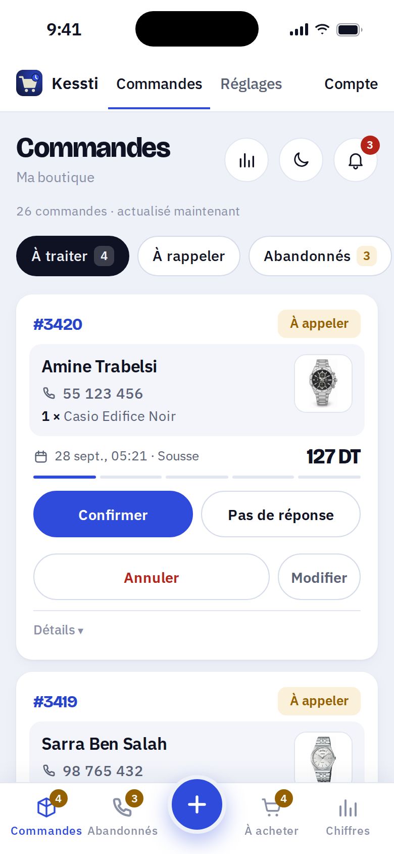Le tableau des commandes : des clients à appeler, avec leur numéro, la photo de l'article et les boutons Confirmer, Pas de réponse, Annuler et Modifier.